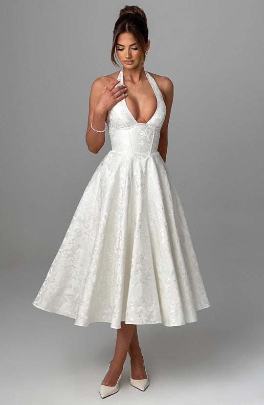 Women's Halter Sleeveless Midi Wedding Guest Dress