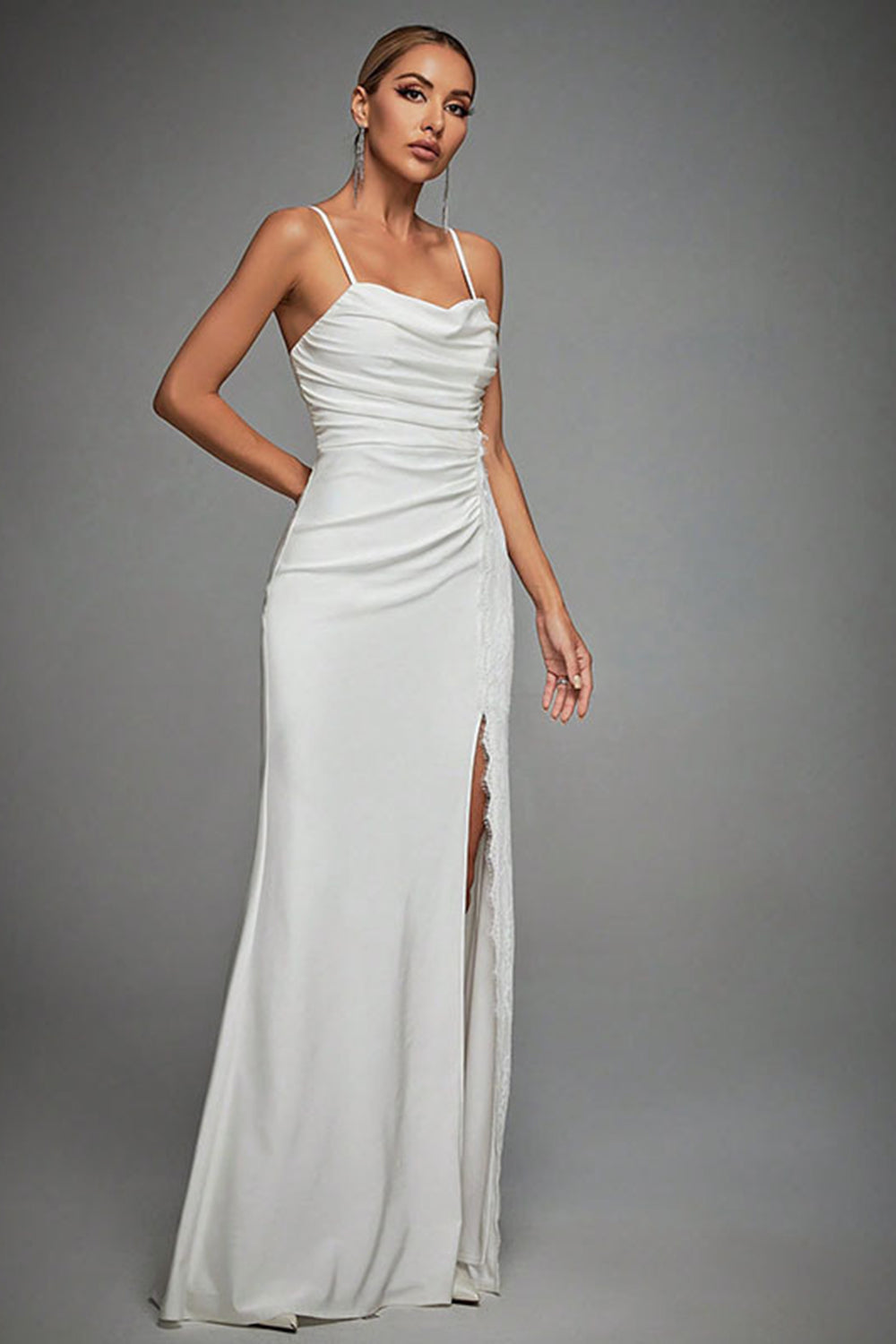 Women’s Ruched Mermaid Wedding Gown With Spaghetti Straps And Slit
