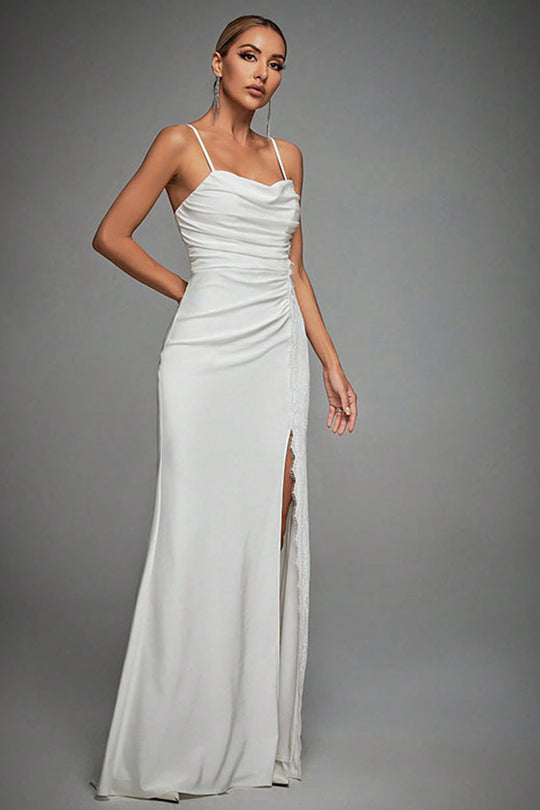 Women’s Ruched Mermaid Wedding Gown With Spaghetti Straps And Slit