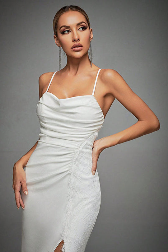 Women’s Ruched Mermaid Wedding Gown With Spaghetti Straps And Slit