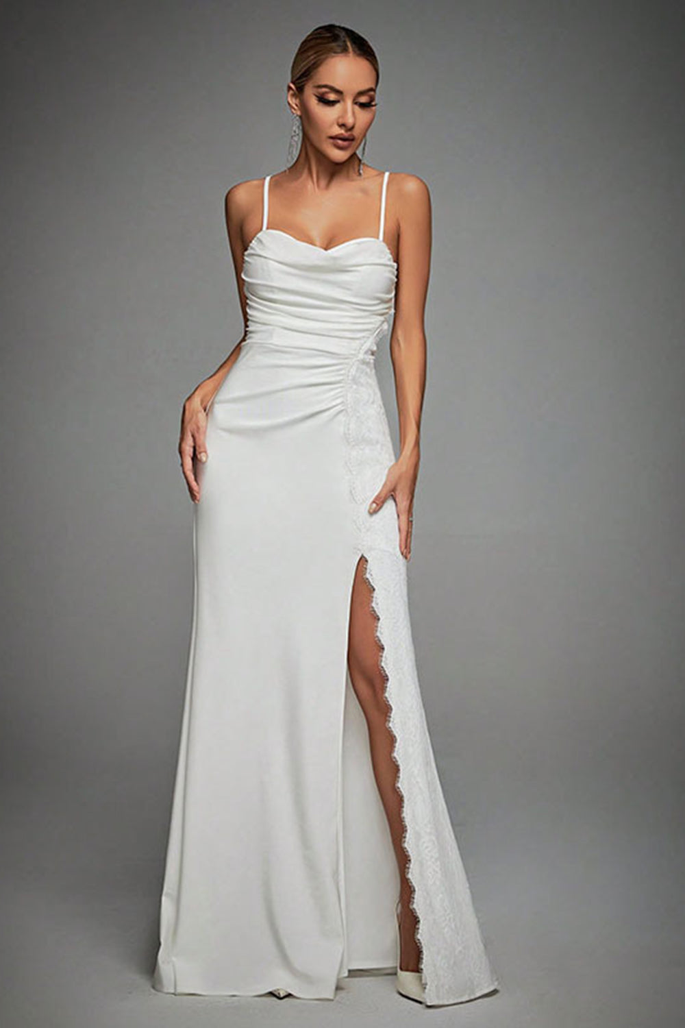 Women’s Ruched Mermaid Wedding Gown With Spaghetti Straps And Slit