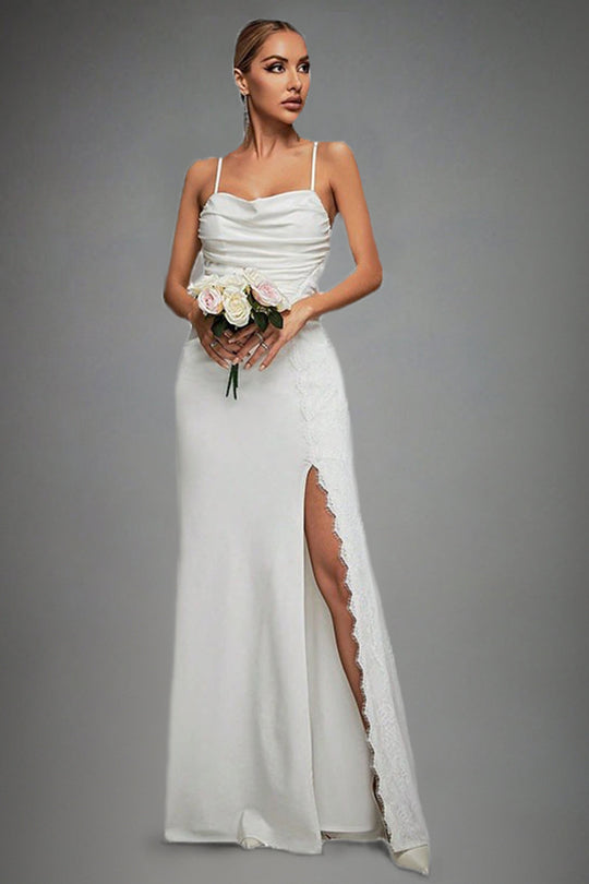 Women’s Ruched Mermaid Wedding Gown With Spaghetti Straps And Slit