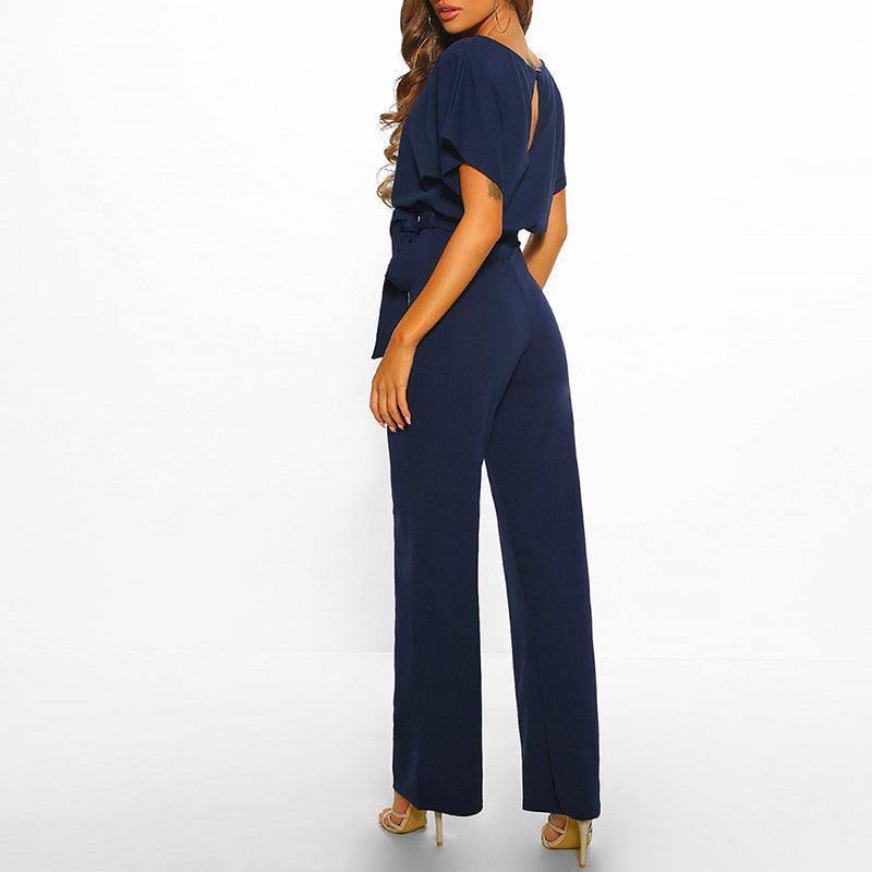 Women's Short Sleeve Belted Jumpsuit
