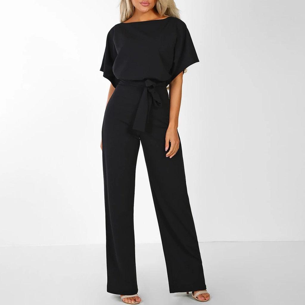 Women's Short Sleeve Belted Jumpsuit