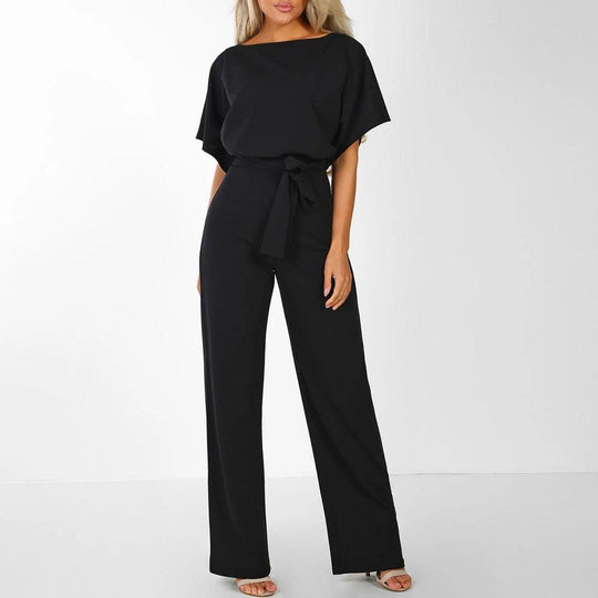 Women's Short Sleeve Belted Jumpsuit