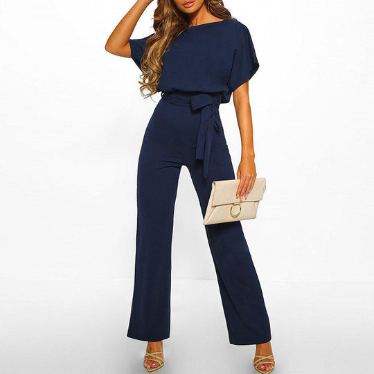 Women's Short Sleeve Belted Jumpsuit