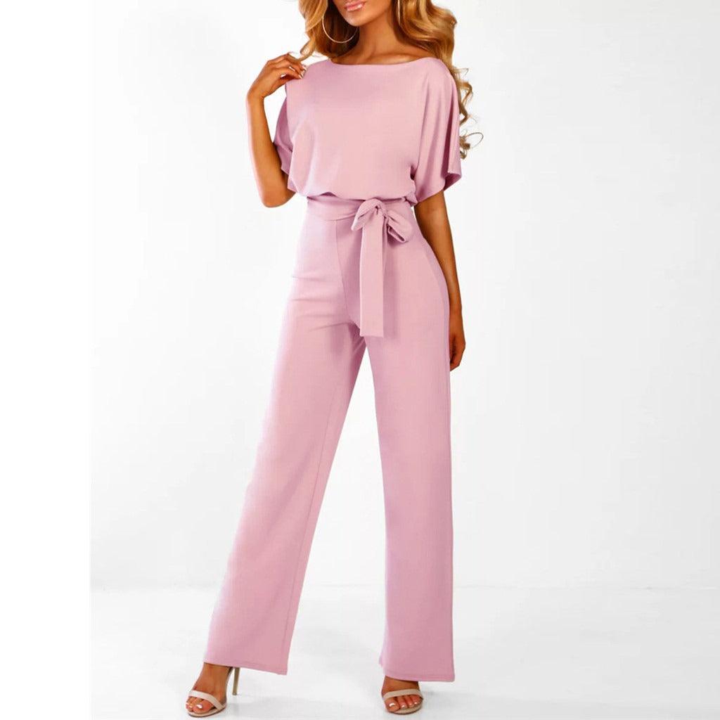 Women's Short Sleeve Belted Jumpsuit