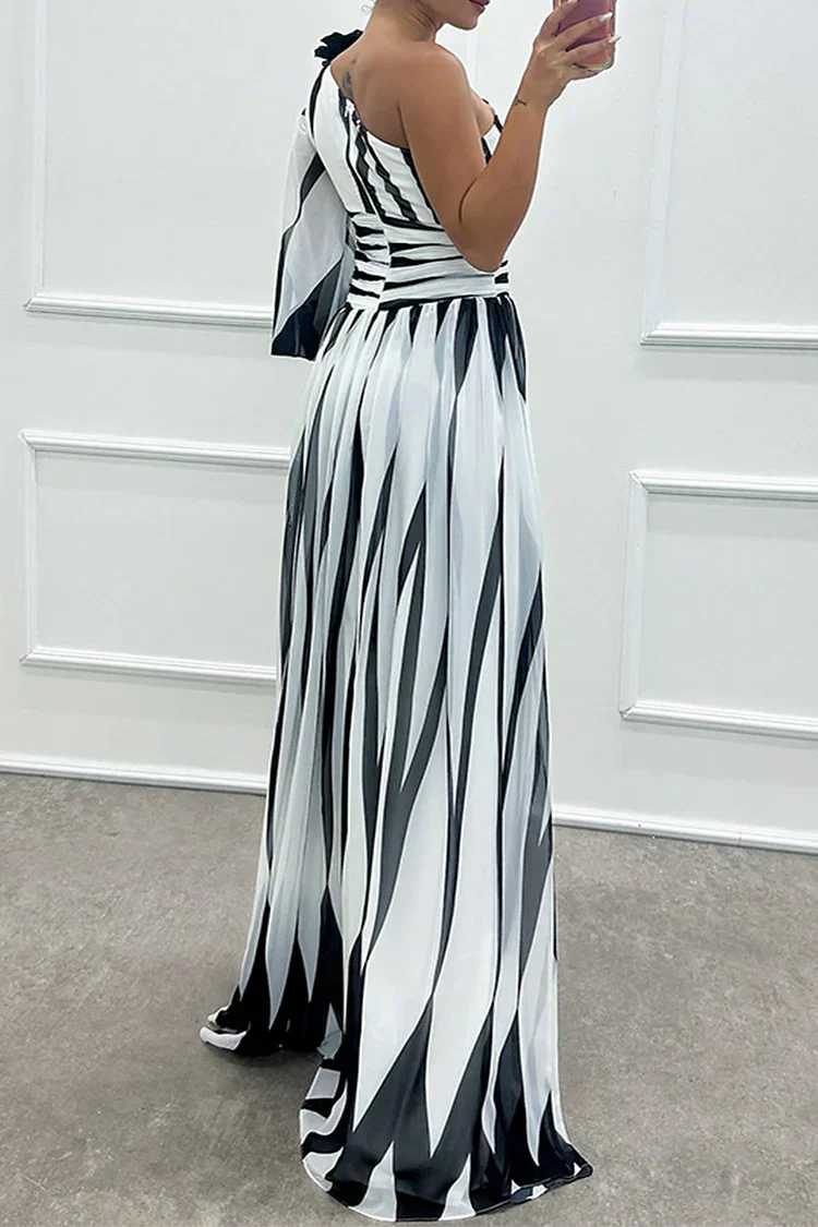 Women's Striped One-Shoulder Maxi Wedding Guest Dress