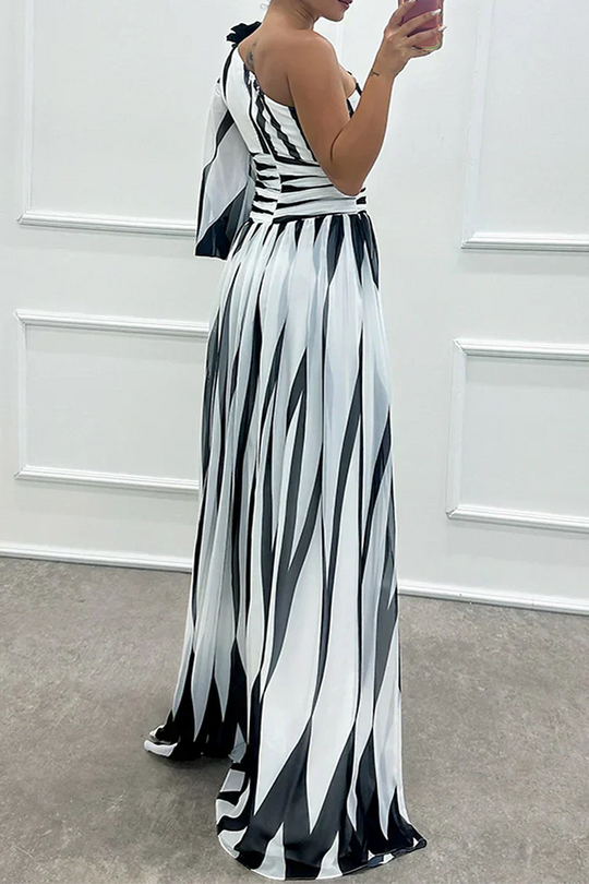 Women's Striped One-Shoulder Maxi Wedding Guest Dress