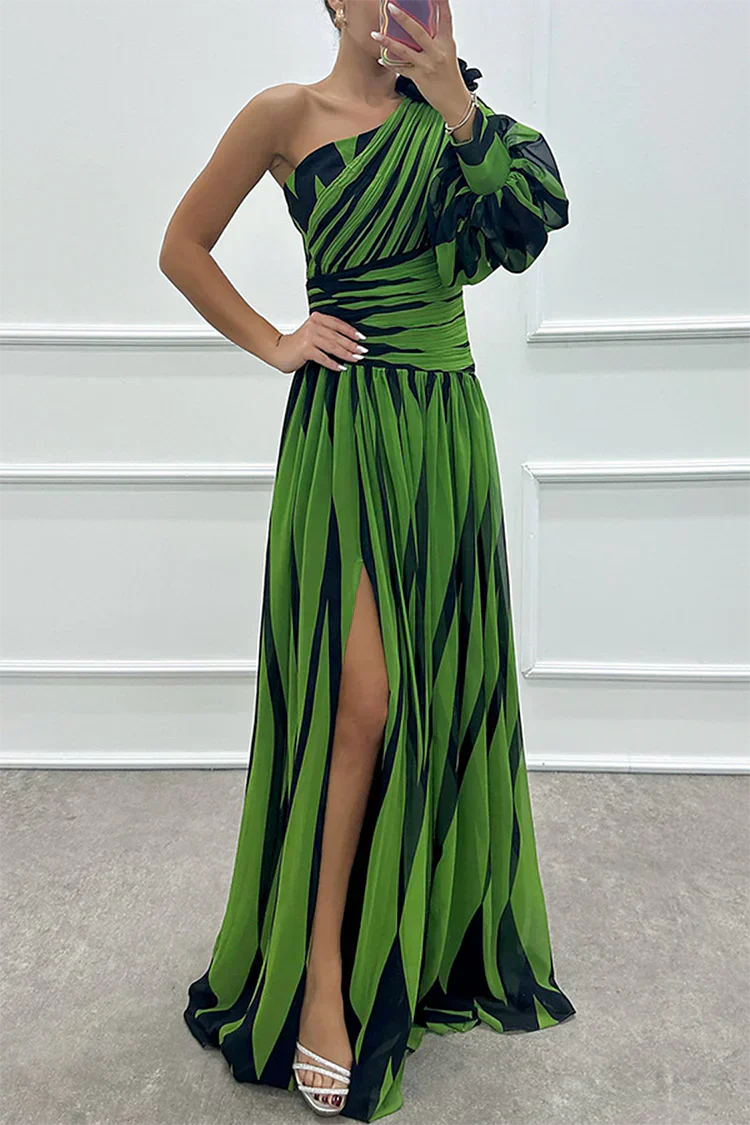 Women's Striped One-Shoulder Maxi Wedding Guest Dress