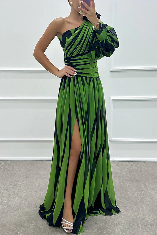 Women's Striped One-Shoulder Maxi Wedding Guest Dress