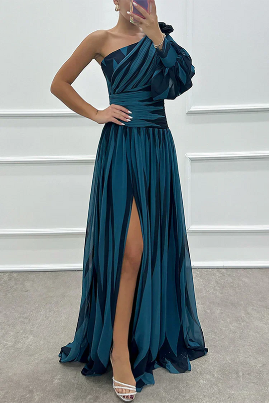 Women's Striped One-Shoulder Maxi Wedding Guest Dress