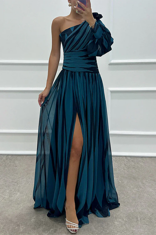Women's Striped One-Shoulder Maxi Wedding Guest Dress