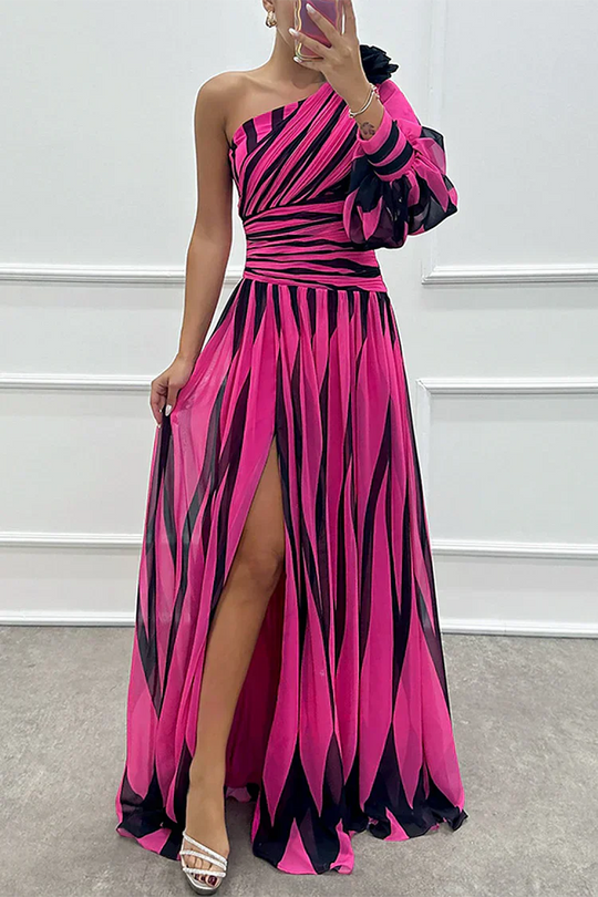 Women's Striped One-Shoulder Maxi Wedding Guest Dress
