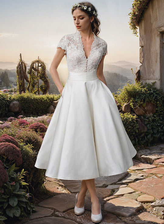 Women's V-Neck Midi Wedding Dress