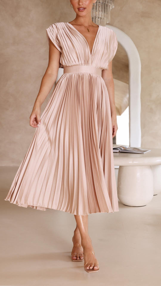 Women's V-Neck Pleated Maxi Wedding Guest Dress