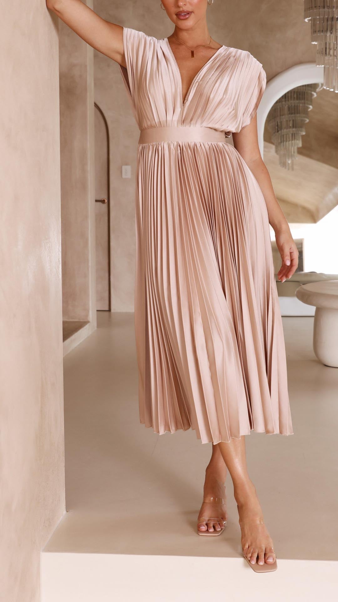 Women's V-Neck Pleated Maxi Wedding Guest Dress