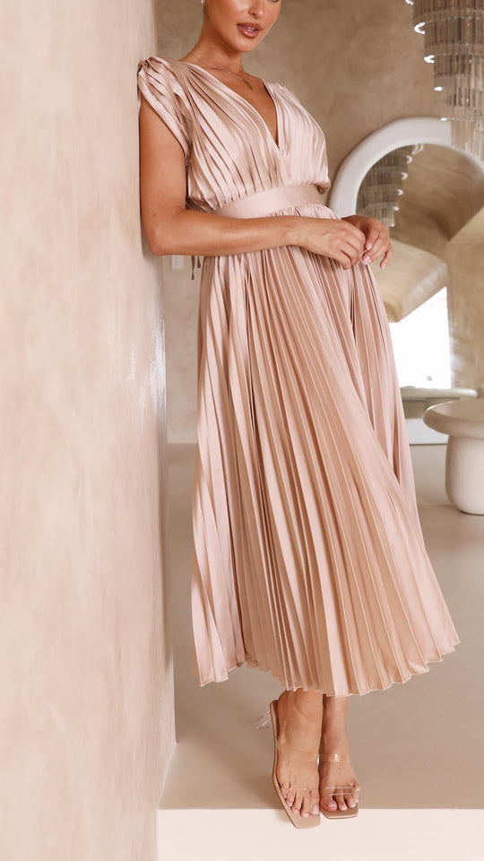 Women's V-Neck Pleated Maxi Wedding Guest Dress
