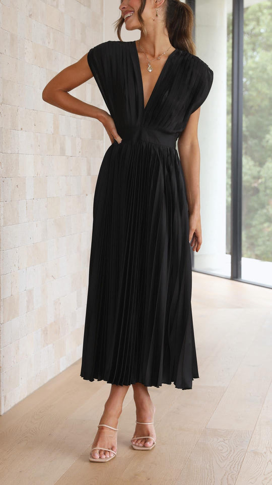 Women's V-Neck Pleated Maxi Wedding Guest Dress