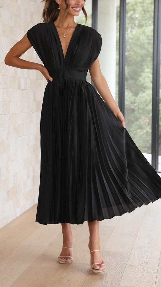 Women's V-Neck Pleated Maxi Wedding Guest Dress