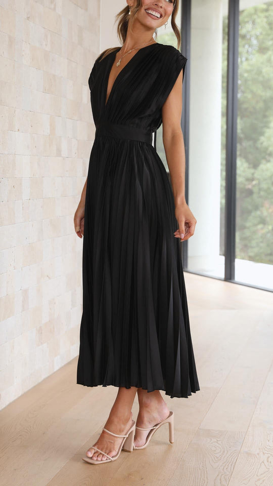 Women's V-Neck Pleated Maxi Wedding Guest Dress