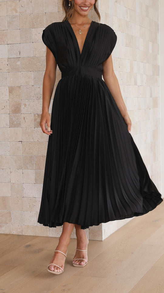 Women's V-Neck Pleated Maxi Wedding Guest Dress