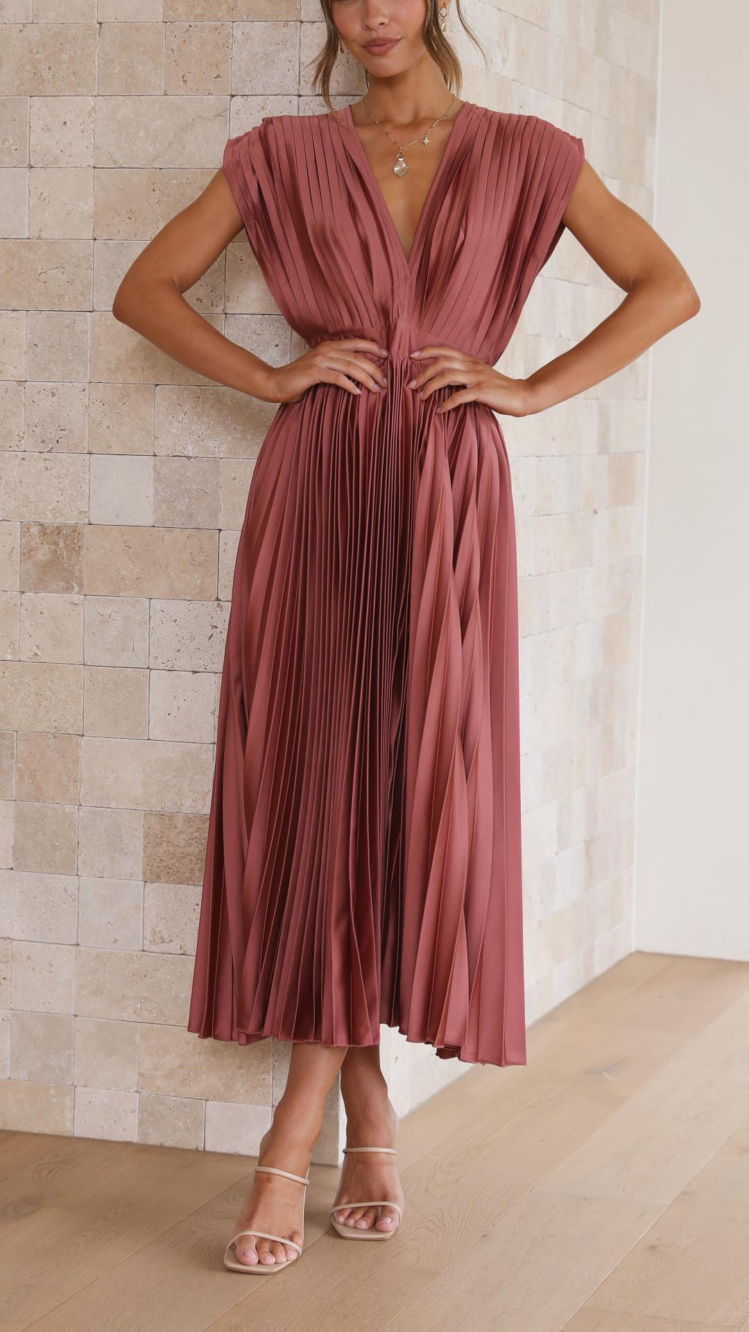 Women's V-Neck Pleated Maxi Wedding Guest Dress