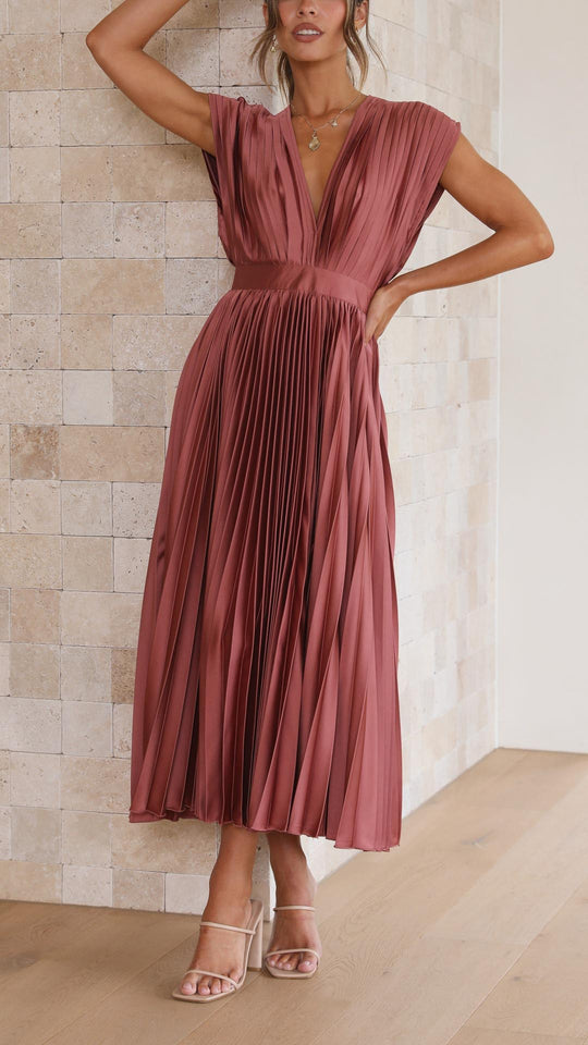 Women's V-Neck Pleated Maxi Wedding Guest Dress