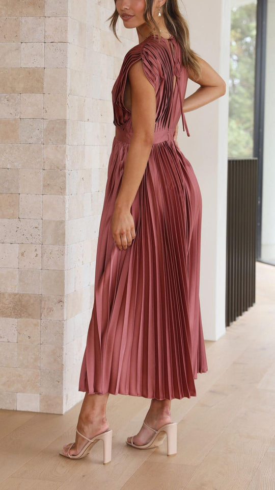 Women's V-Neck Pleated Maxi Wedding Guest Dress