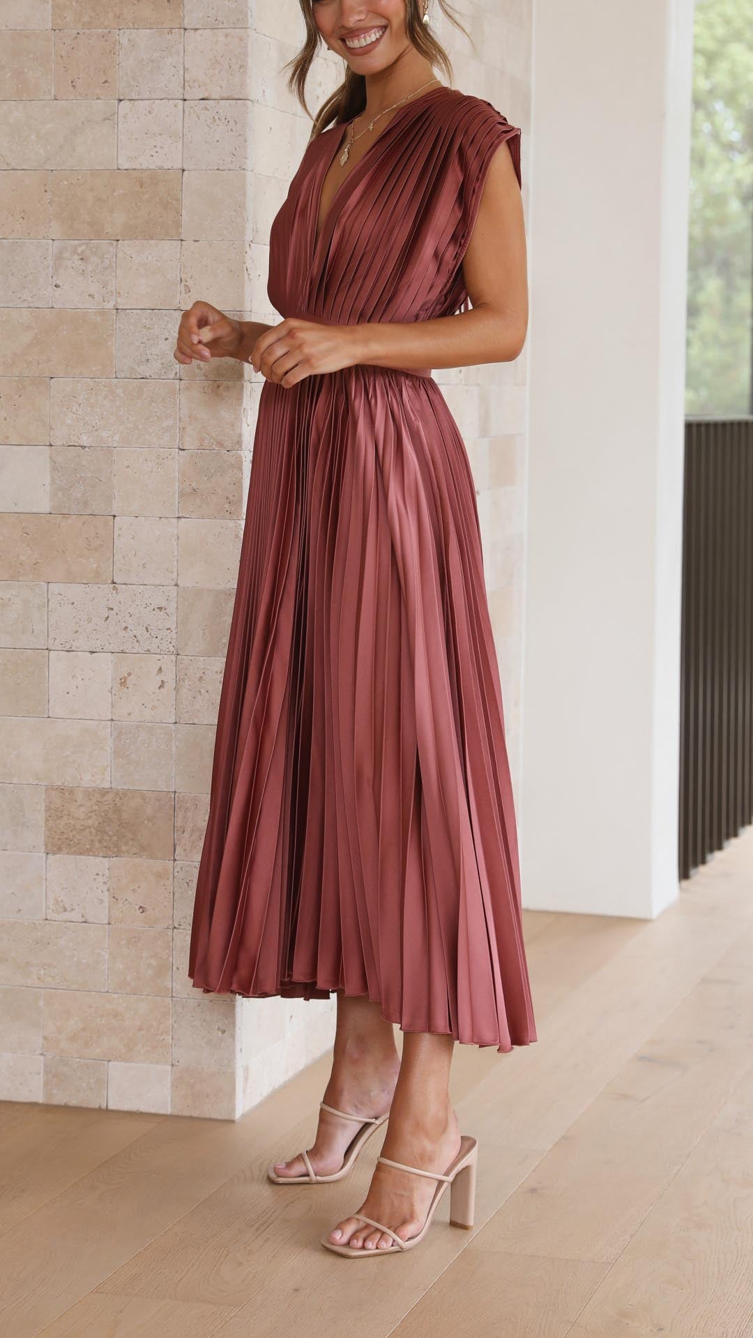 Women's V-Neck Pleated Maxi Wedding Guest Dress