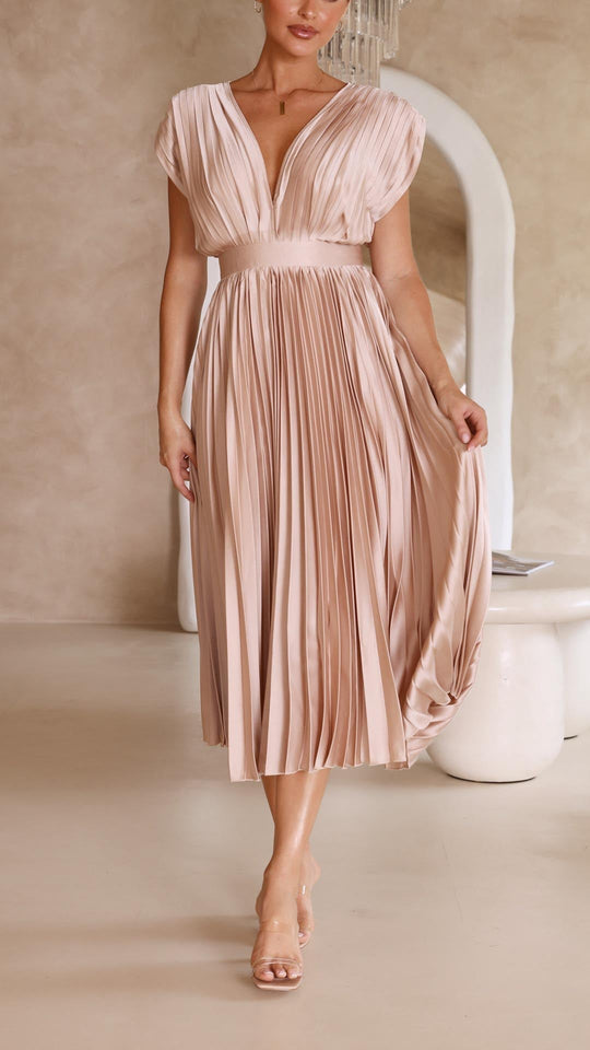 Women's V-Neck Pleated Maxi Wedding Guest Dress