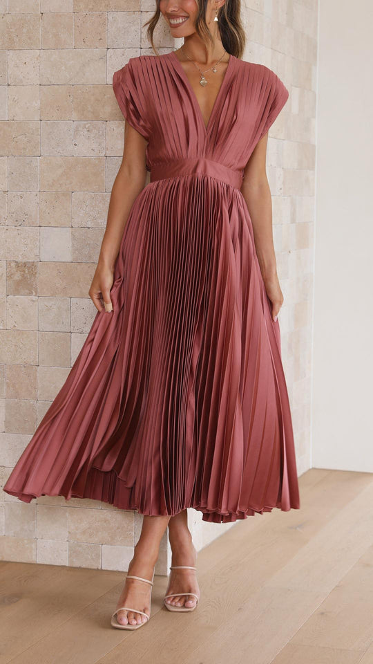 Women's V-Neck Pleated Maxi Wedding Guest Dress