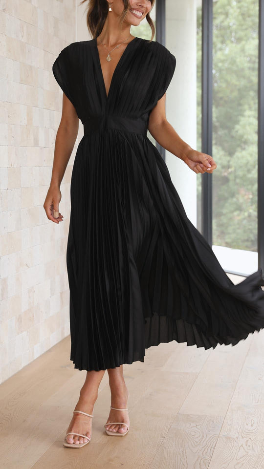 Women's V-Neck Pleated Maxi Wedding Guest Dress