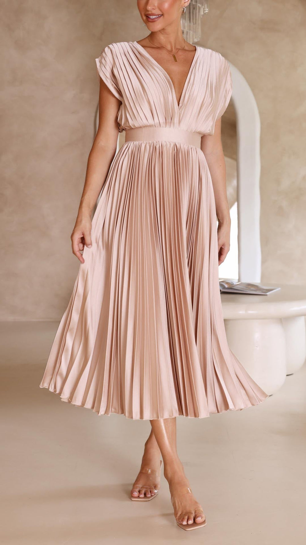 Women's V-Neck Pleated Maxi Wedding Guest Dress