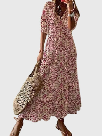 Womens Summer Boho Vintage Dress featuring a flattering V-neckline, designed for a lightweight and breezy casual style perfect for warm weather outings. 3