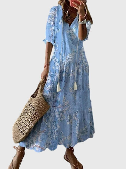 Womens Summer Boho Vintage Dress featuring a flattering V-neckline, designed for a lightweight and breezy casual style perfect for warm weather outings. 4