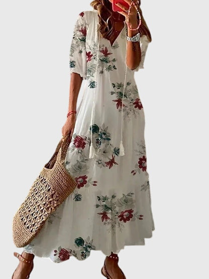 Womens Summer Boho Vintage Dress featuring a flattering V-neckline, designed for a lightweight and breezy casual style perfect for warm weather outings. 5
