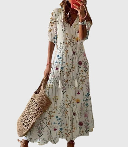 Womens Summer Boho Vintage Dress featuring a flattering V-neckline, designed for a lightweight and breezy casual style perfect for warm weather outings. 6